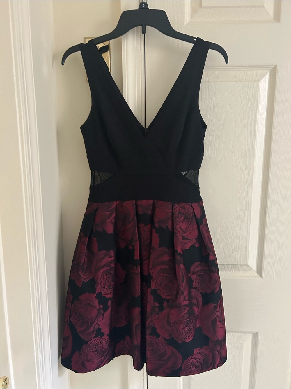 Xscape Black & Burgundy Rose-Print V-Neck Fit-and-Flare Mini Dress